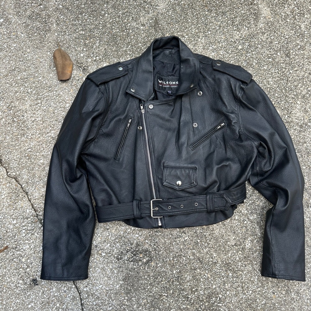 Vtg Wilsons Leather Cropped Biker Jacket Black Pebbled Leather Belted Women L